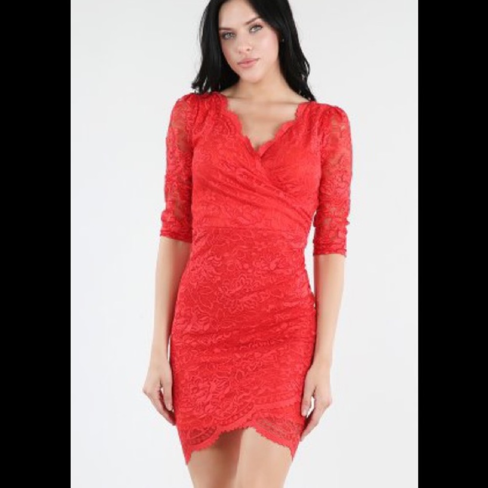 Coral v neck lace dress